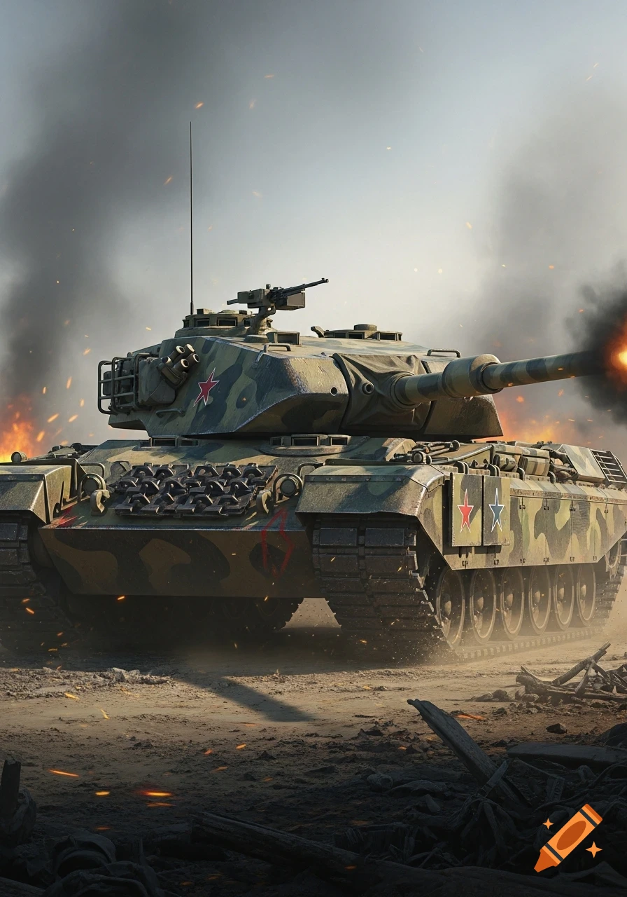 A detailed military tank with camouflage firing its cannon amidst smoke, fire, and debris on a battlefield.