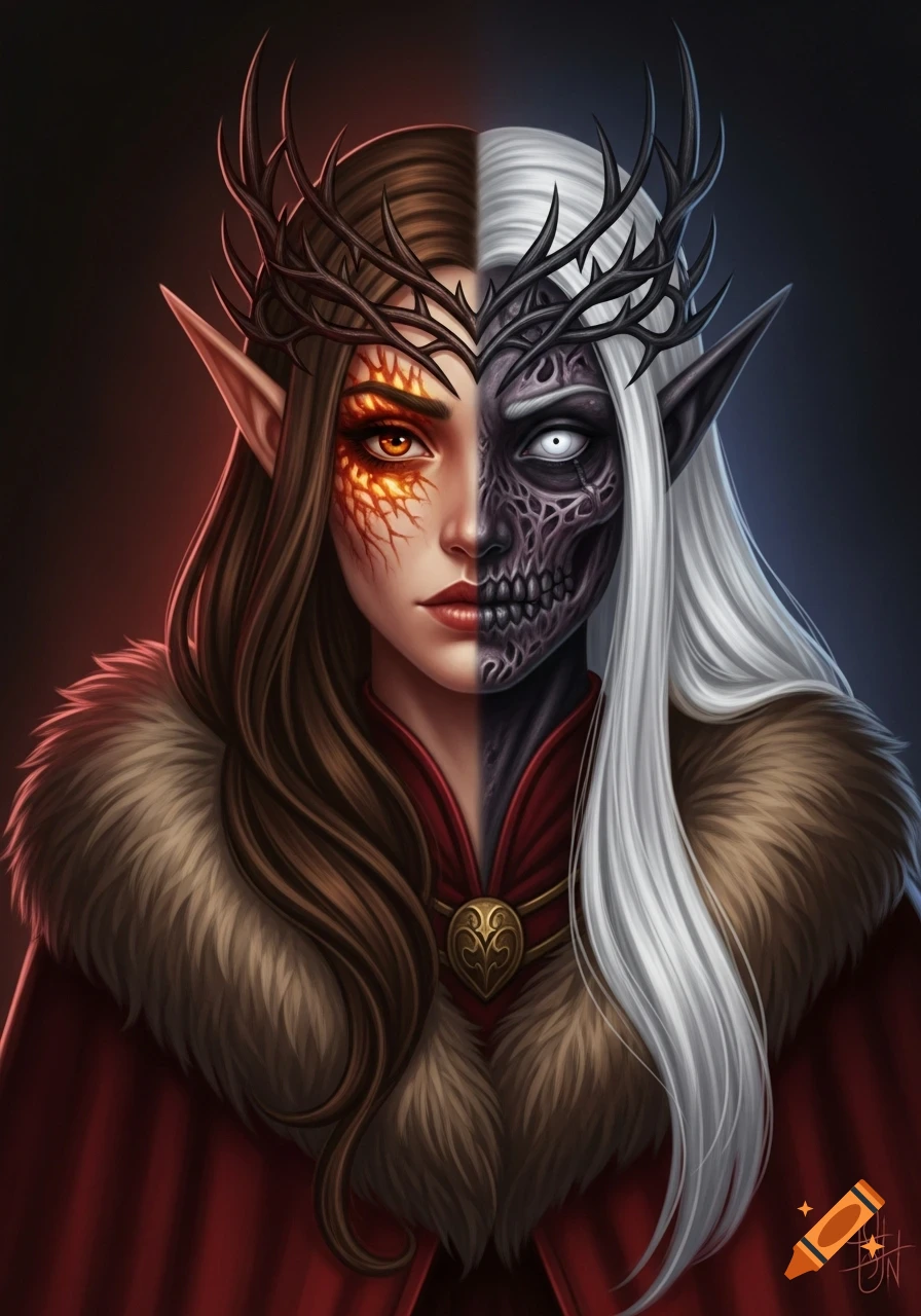 Fantasy portrait of an elf queen with a face split between a living, fiery side and a dark, skeletal side, wearing a thorny crown and fur-collared robe.