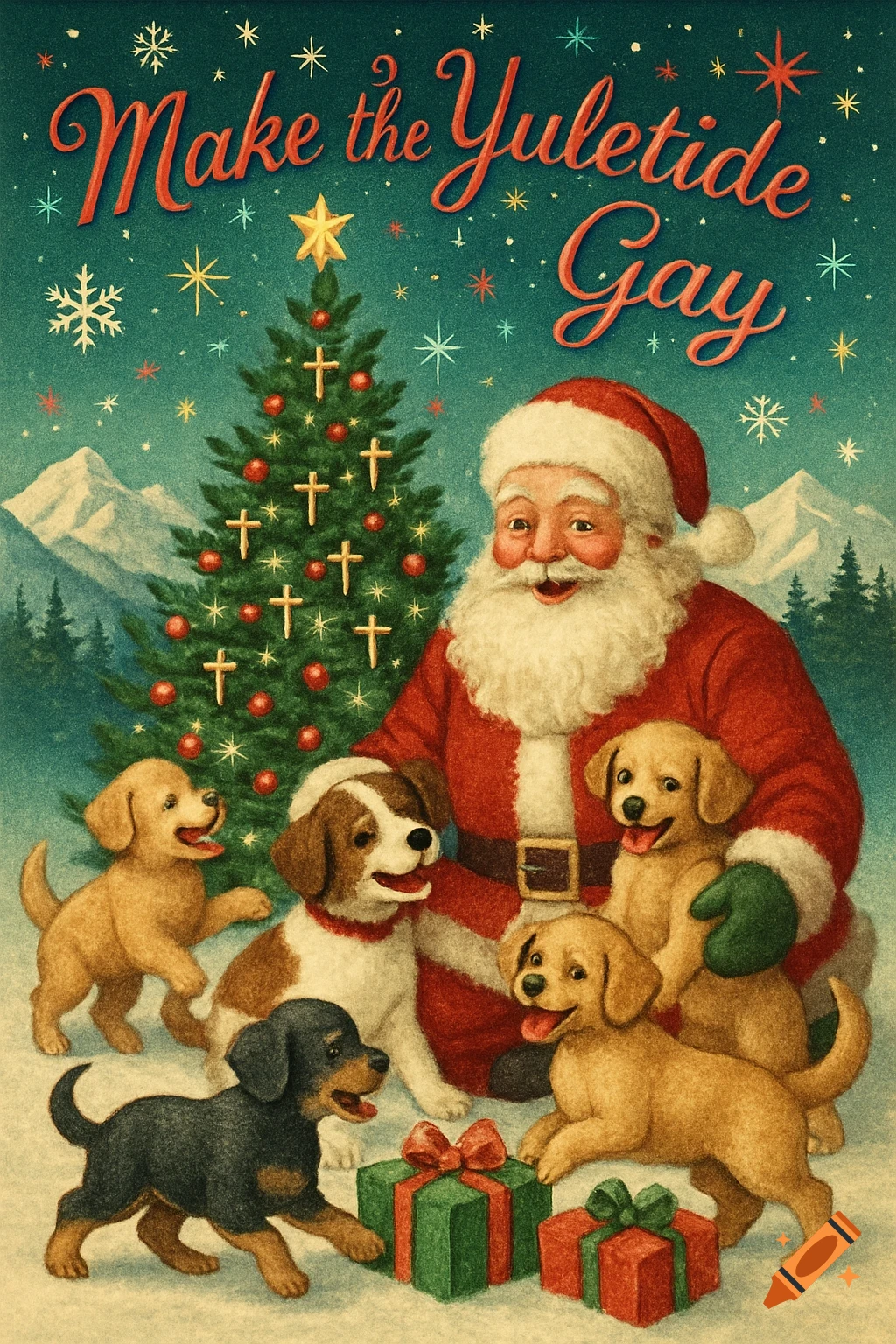 Vintage Christmas card of Santa with five puppies, a Christmas tree with crosses, presents, and snowy mountains, text 'Make the Yuletide Gay'.
