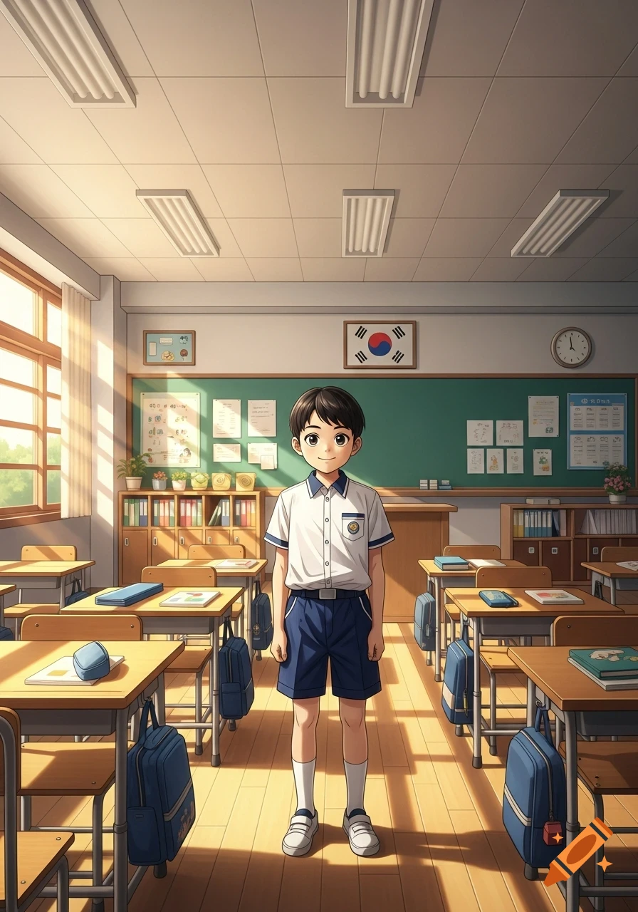An anime-style image of a smiling young boy in a school uniform standing in the middle of a sunlit classroom filled with desks and a blackboard.