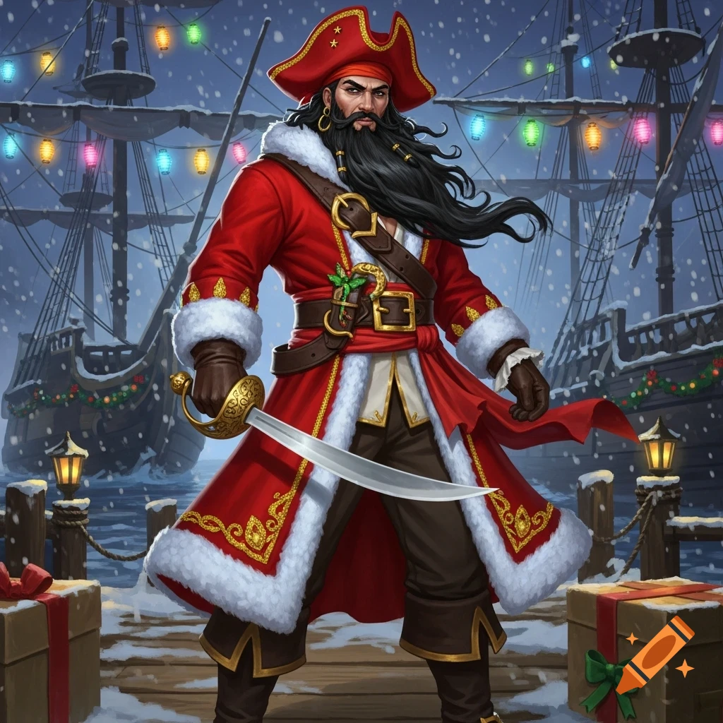 A rugged pirate in a red Santa coat and hat, with a long black beard, stands on a snowy dock, holding a cutlass, with festive ships in the background.