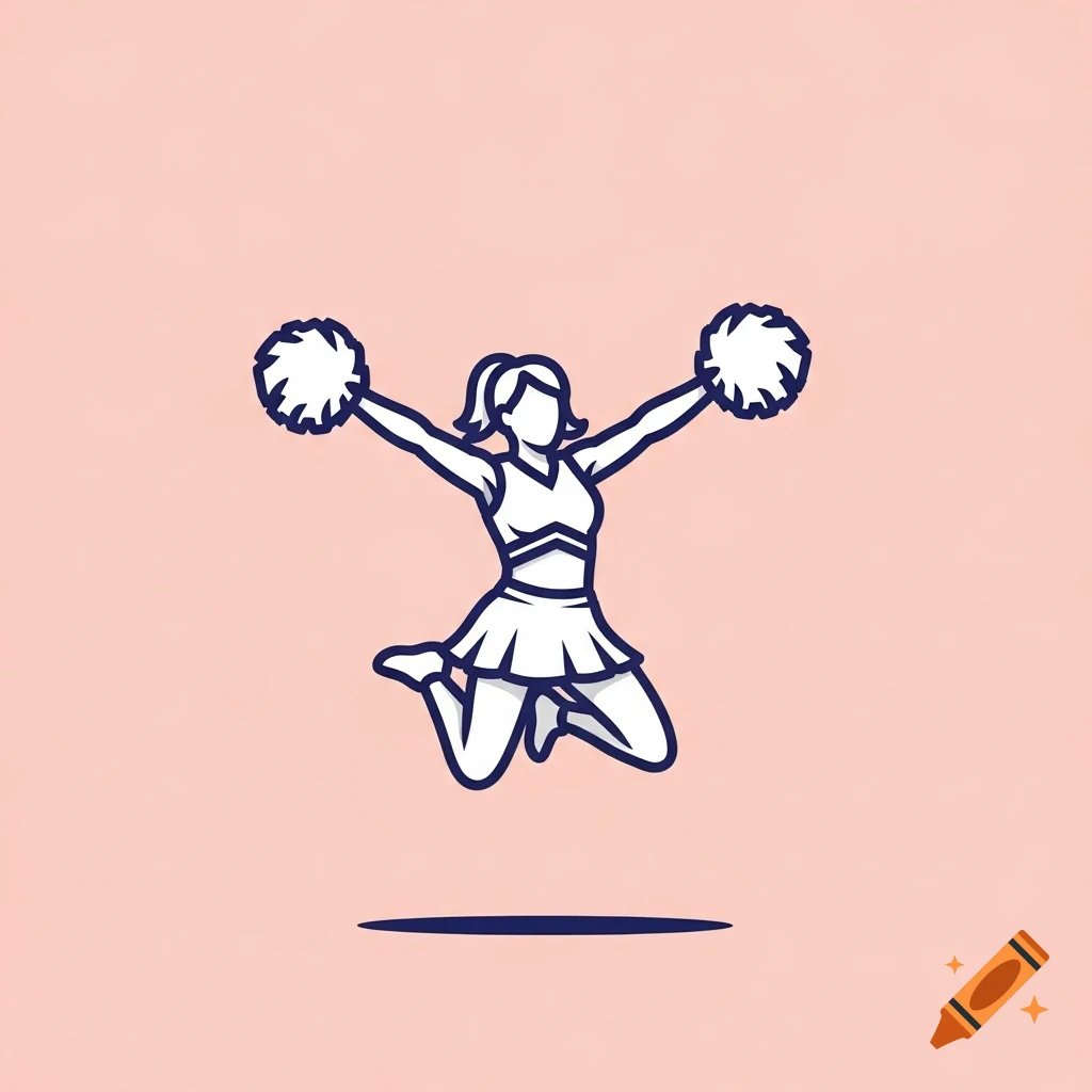 Stylized line art icon of a cheerleader jumping with pompoms on a pink background.