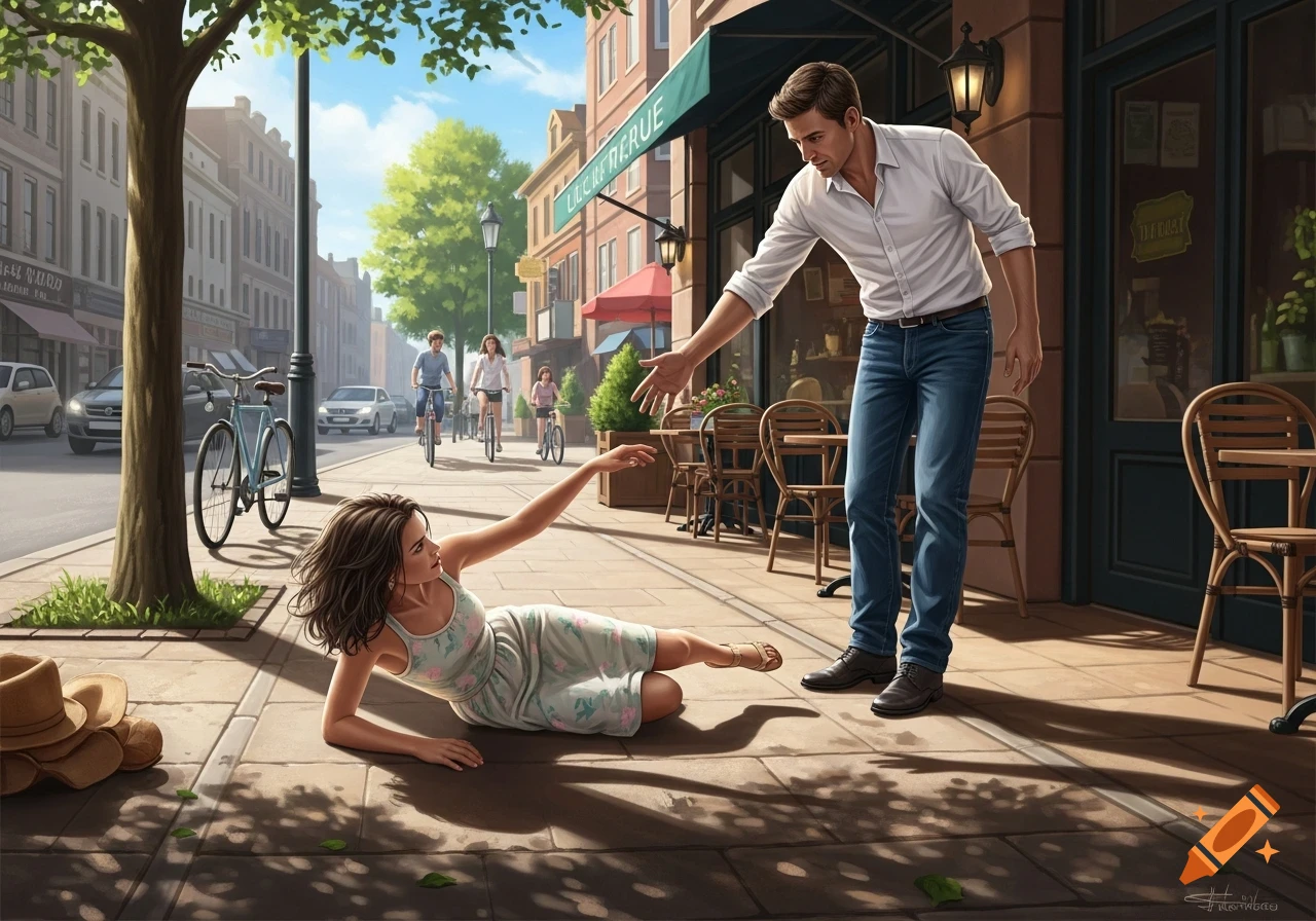 A man in a white shirt and jeans helps a woman in a dress who fell on a sunny city sidewalk, in a realistic digital painting.