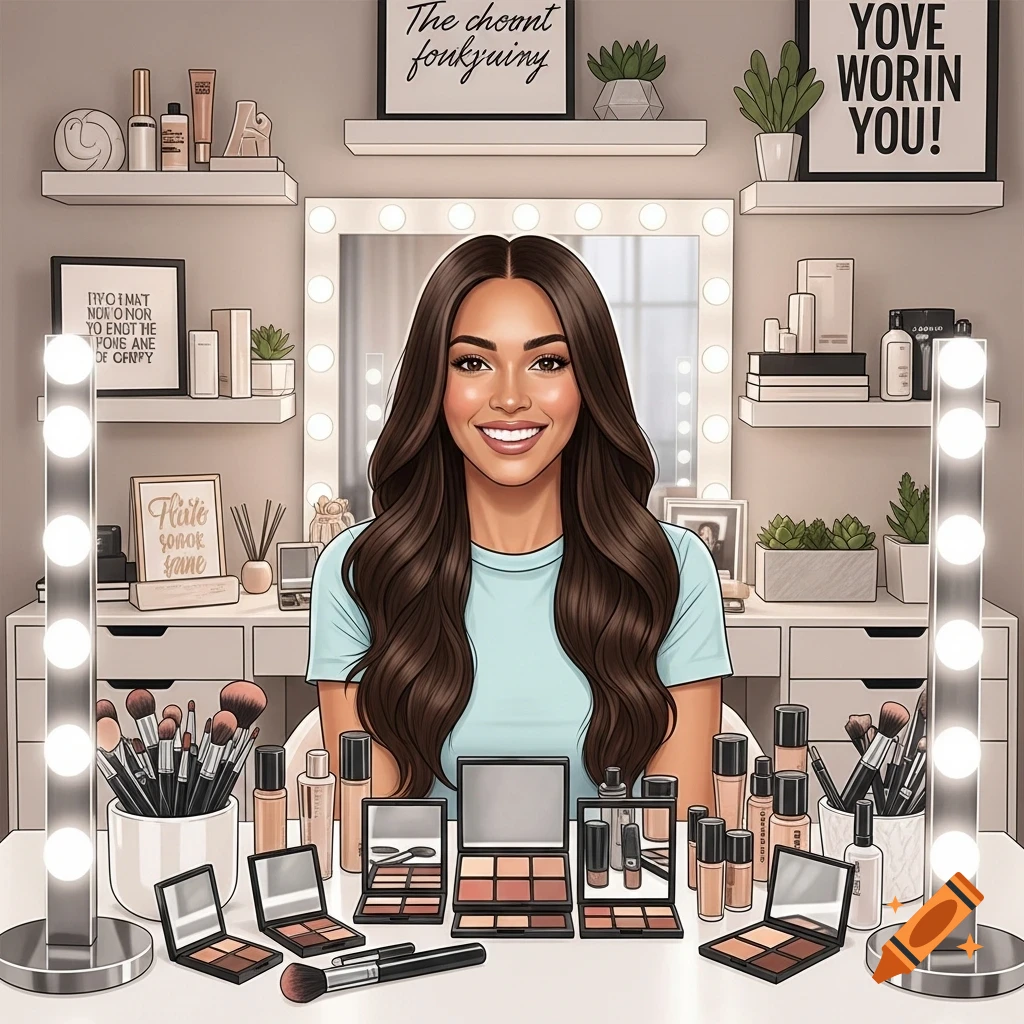 A cartoon woman with long brown hair smiles at a vanity full of makeup and brushes, with framed art on shelves behind her.