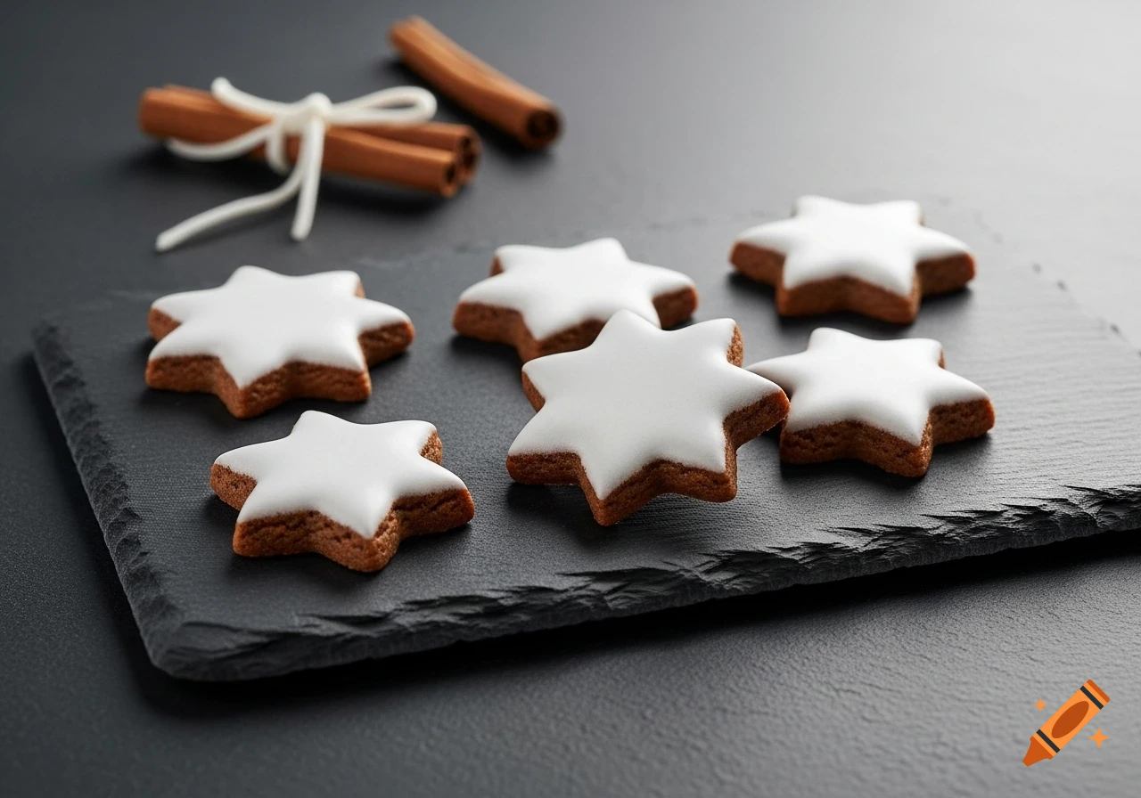 Close-up of star-shaped cinnamon cookies with white icing on a dark slate board, with tied cinnamon sticks in the background.