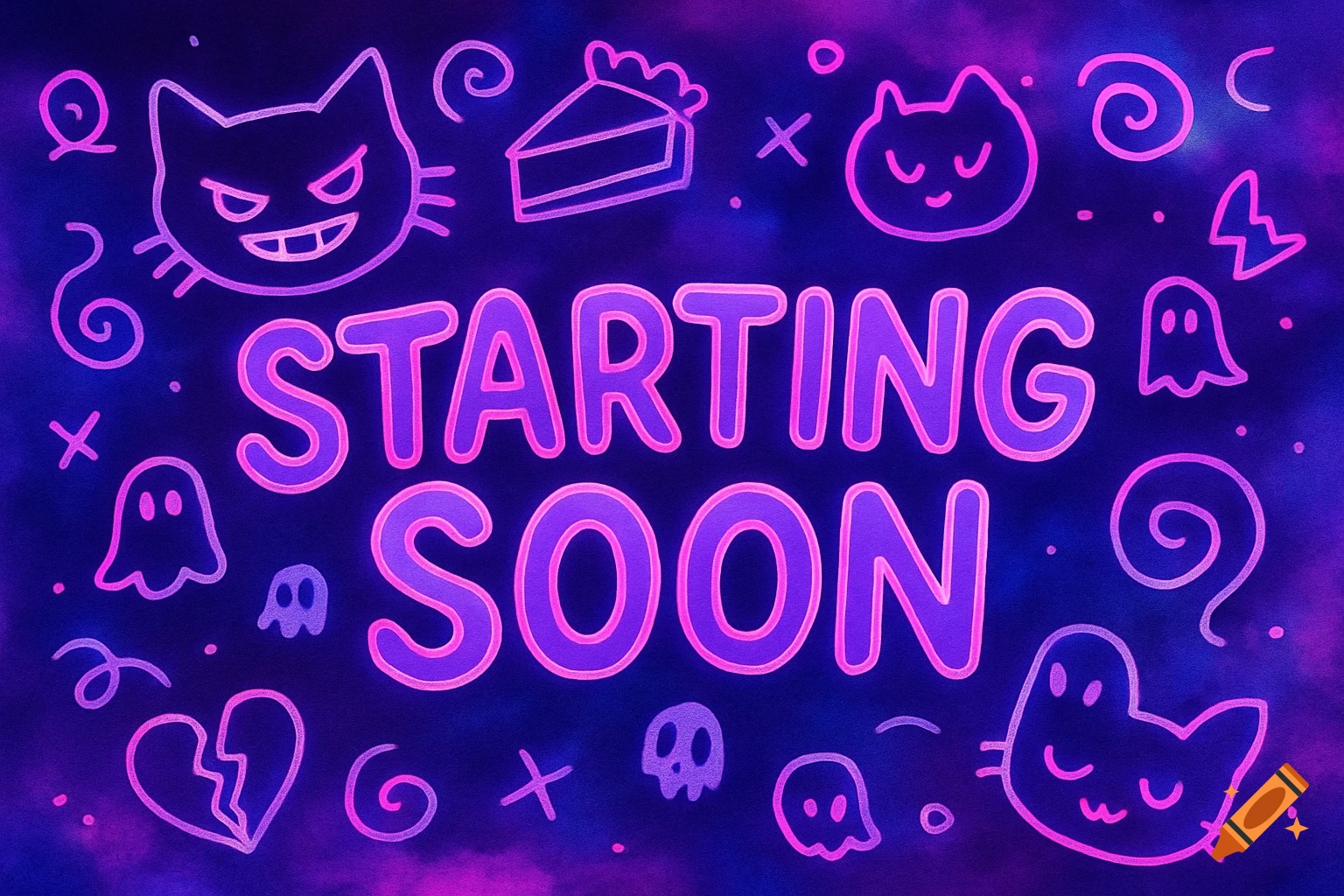 Neon purple text 'STARTING SOON' on a blue and purple background, with pink outline doodles of cats, ghosts, skulls, cake, and broken heart.