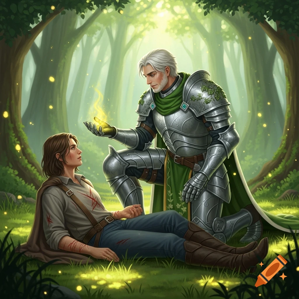 A knight in silver armor kneels, healing a wounded person lying on the grass in a mystical forest.