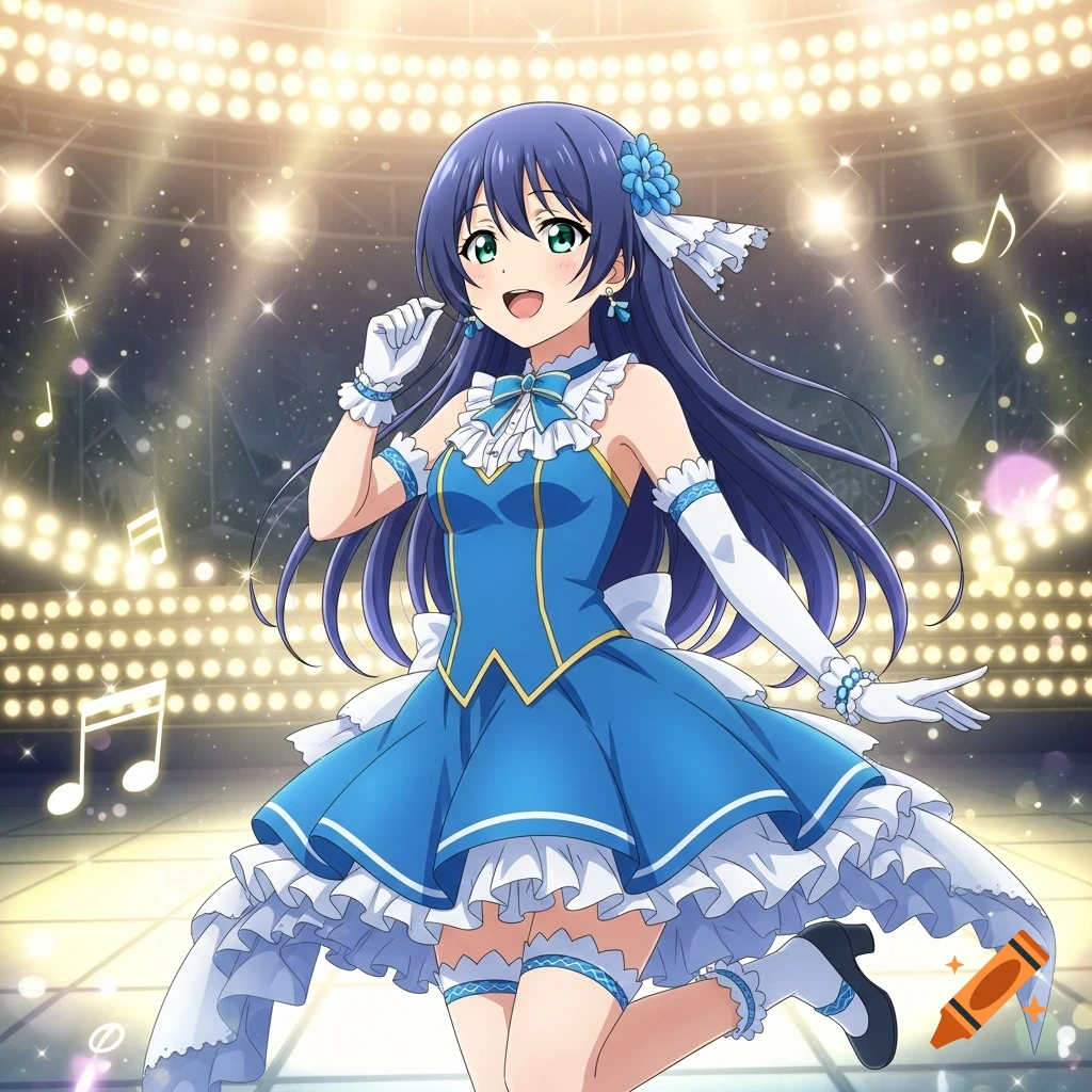 Anime girl with navy blue hair and green eyes in a blue idol dress and white gloves, singing on a sparkling stage with musical notes.