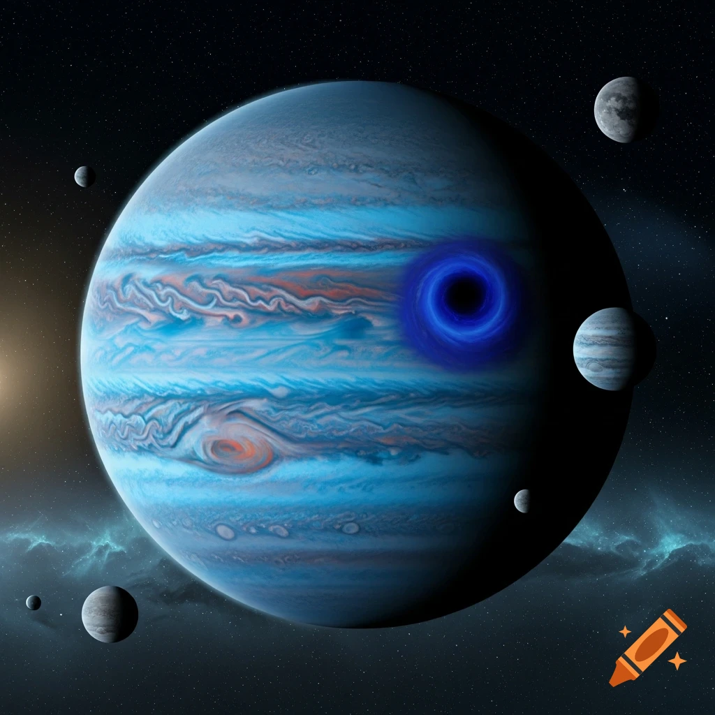 Blue gas giant planet with swirling clouds and a glowing black hole, orbited by multiple moons in a starry space scene.