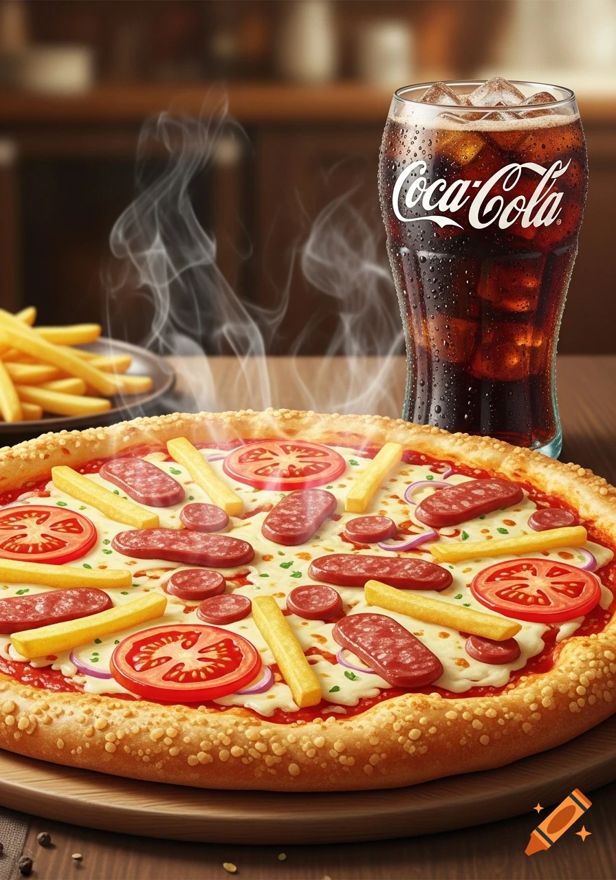 A photorealistic image of a hot pizza with pepperoni, fries, and tomato slices, next to a glass of ice-cold Coca-Cola and a side of fries.