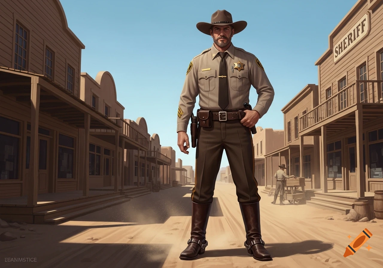 A male sheriff in a brown uniform and cowboy hat stands confidently in the dusty street of an old western town.