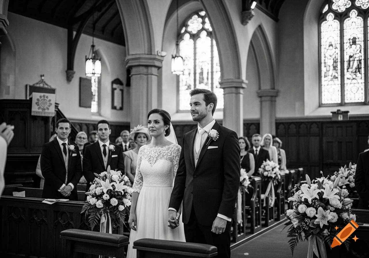 Black and white photograph of a bride and groom holding hands at the altar inside a church, with guests and stained glass windows.