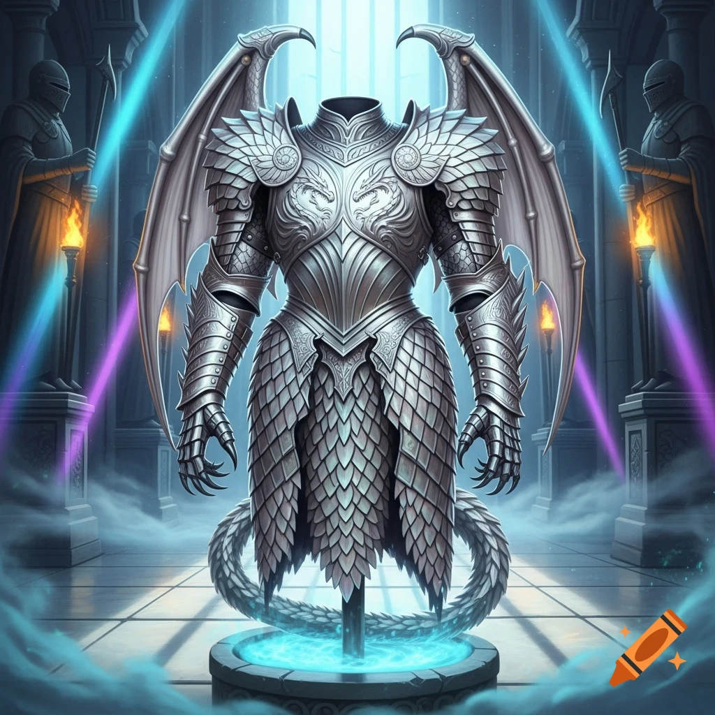 Elaborate silver dragon scale armor with large wings and tail on a pedestal, illuminated by mystic light in a grand hall.