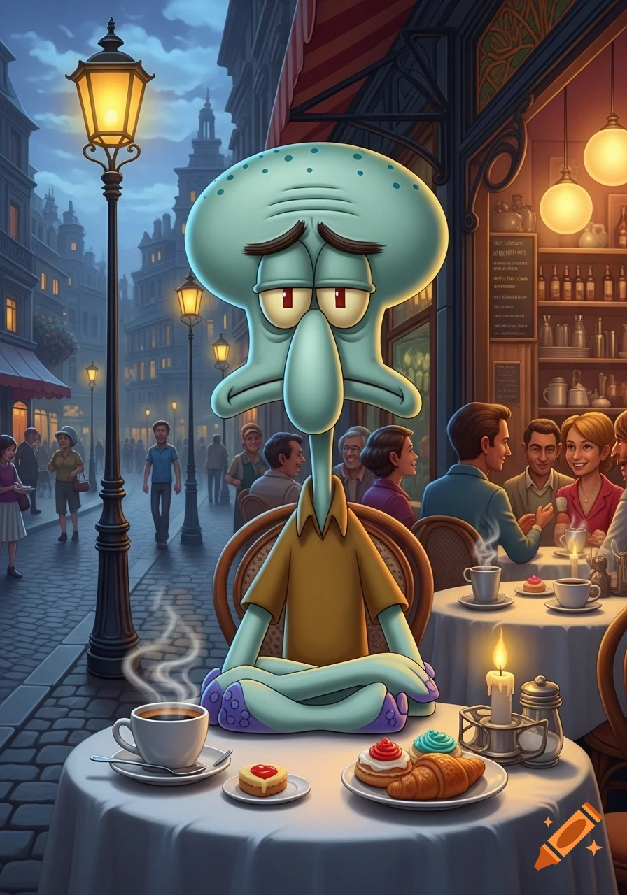 Sad Squidward sits cross-legged at an outdoor cafe table with coffee and pastries in a European city at dusk.