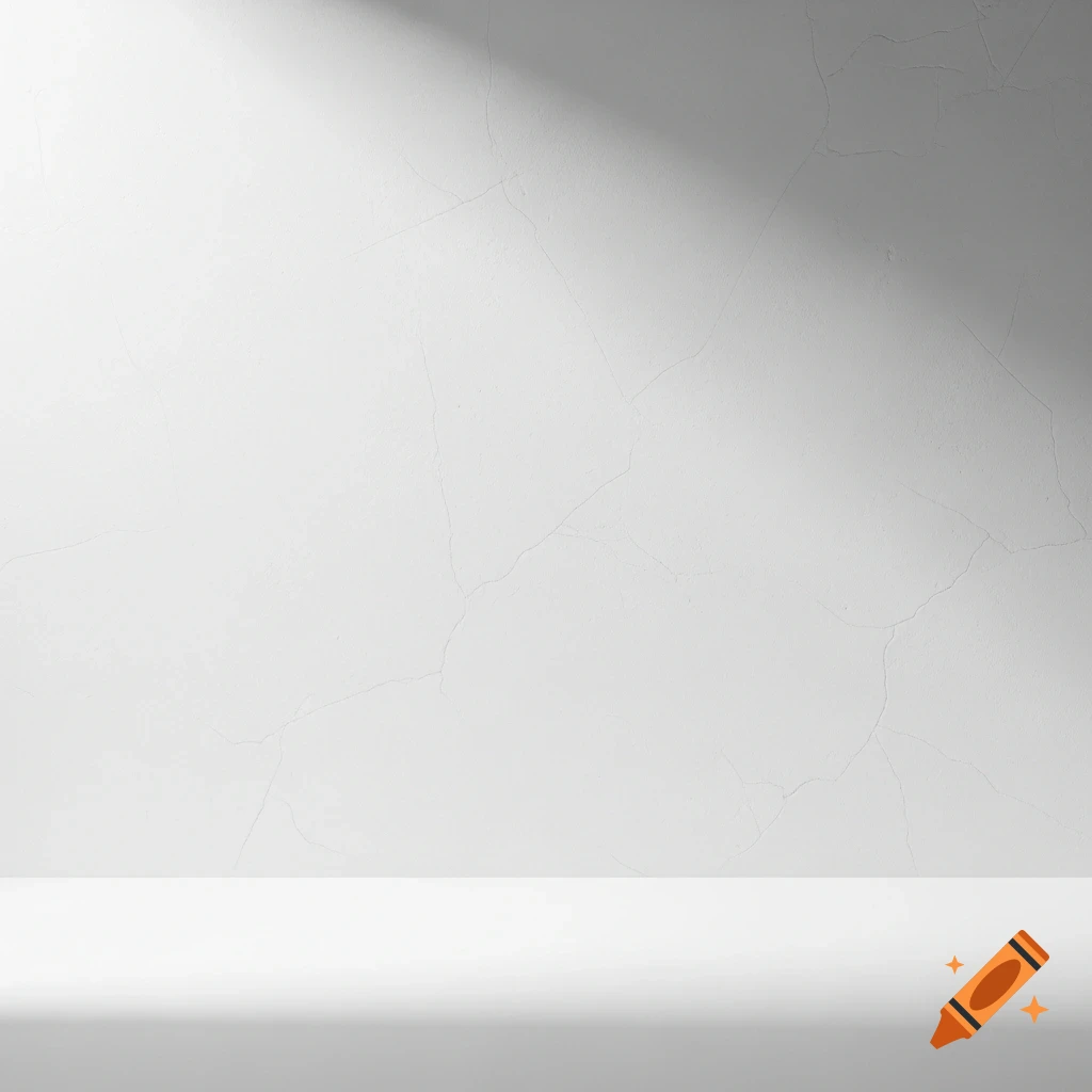 White textured wall with subtle cracks and a diagonal shadow over a smooth white surface, ideal for product display.