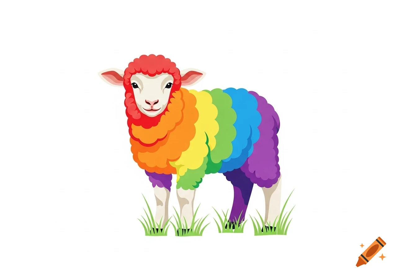 Cartoon illustration of a lamb with bright rainbow-colored wool standing on green grass.
