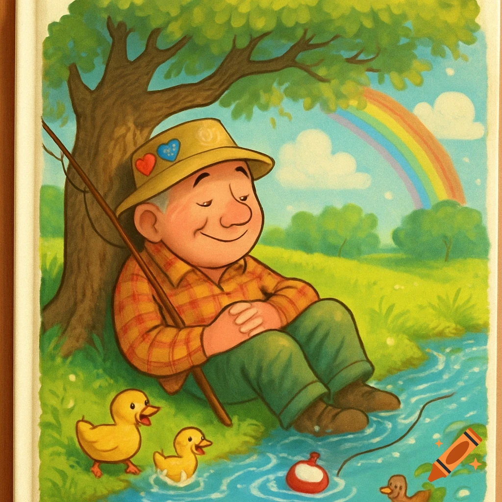 A smiling cartoon man fishing under a tree with ducks nearby and a rainbow in the sky, in a children's book style.