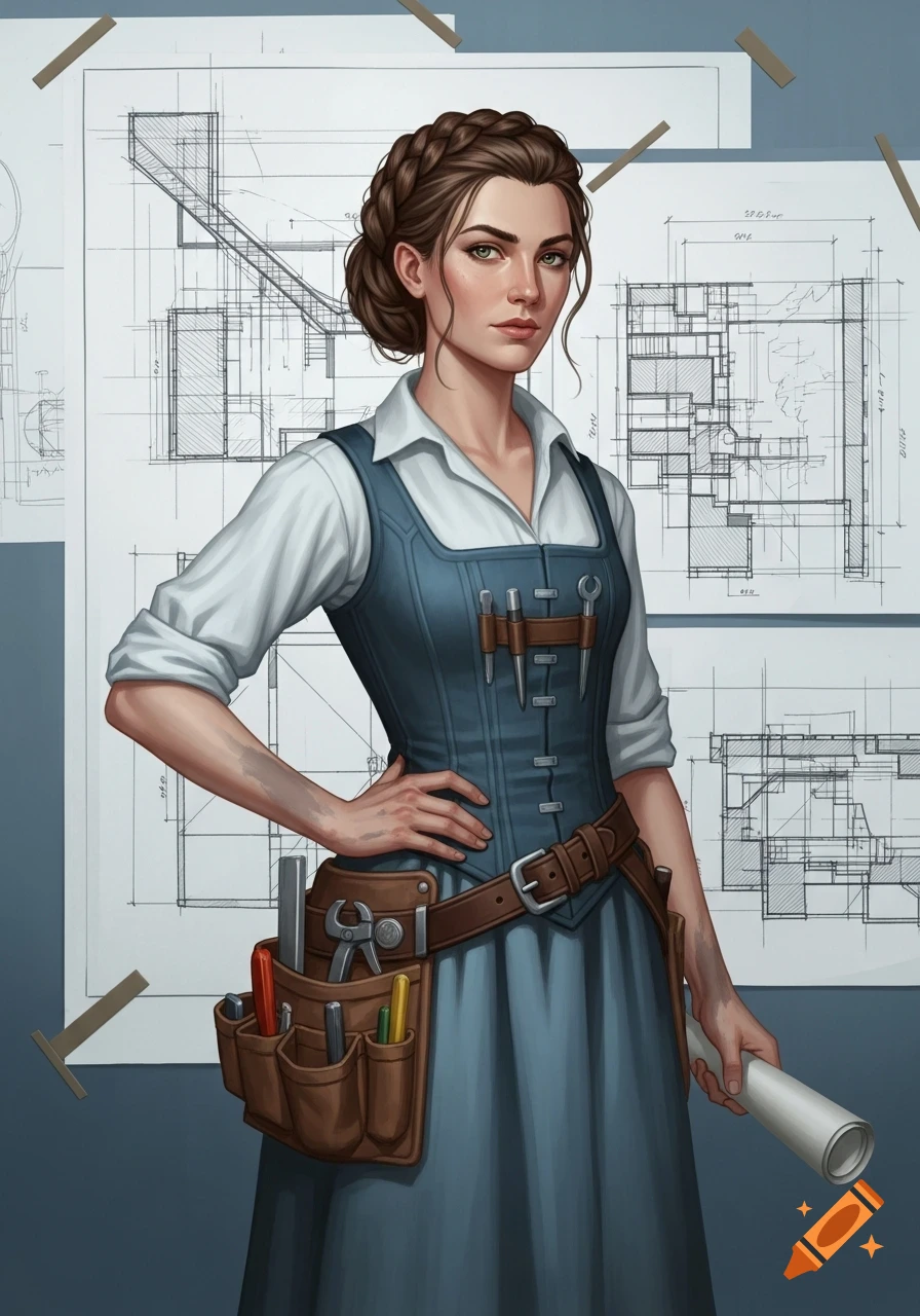 A woman with a braided bun, wearing a blue dress and a tool belt, holding a rolled blueprint, stands before architectural drawings.