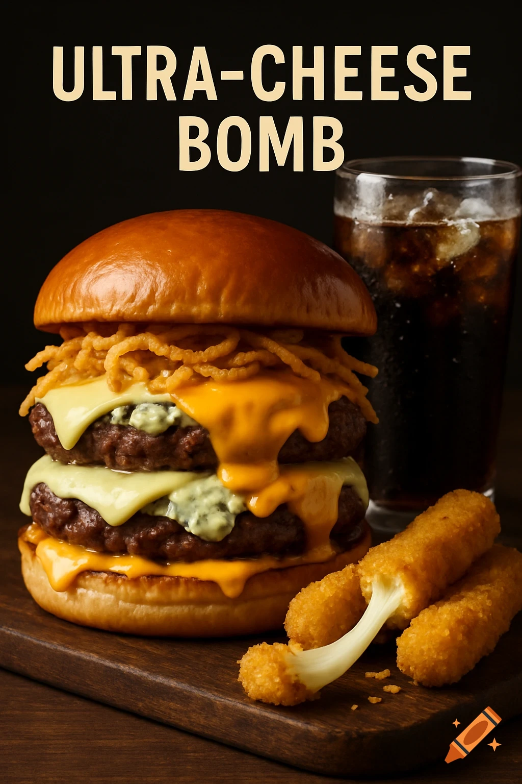 Photorealistic close-up of a double patty burger with melted cheese, blue cheese sauce, crispy onion rings, mozzarella sticks, and a cola, with 'ULTRA-CHEESE BOMB' text.