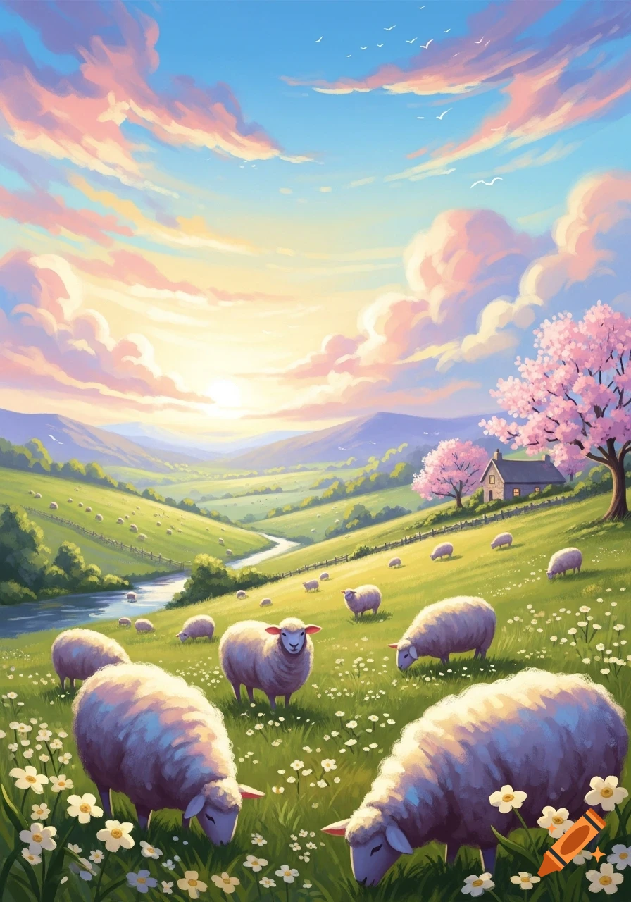 Pastel illustration of sheep grazing in a vibrant green valley with a river, a distant house, pink cherry blossoms, and a colorful sunrise sky.