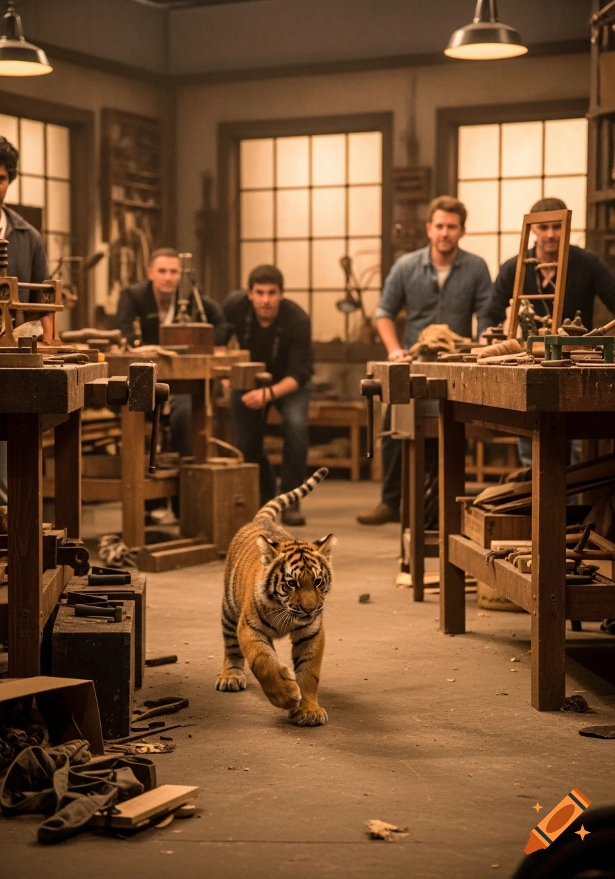 A photorealistic image of a tiger cub walking through a busy woodworking workshop with several men in the background.