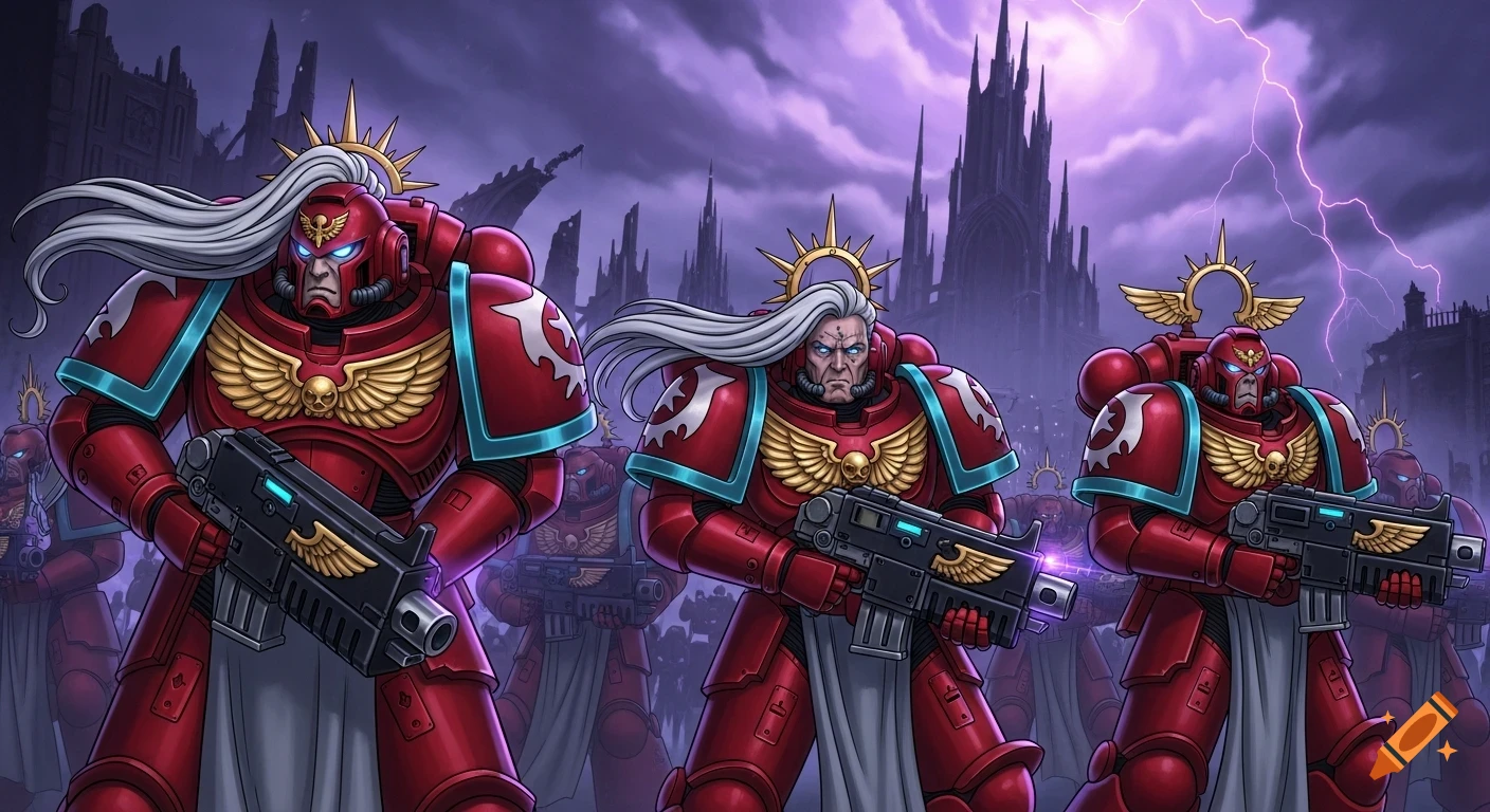 Stylized anime art of Blood Angels Space Marines in red armor holding guns in a ruined gothic city under violet lightning.