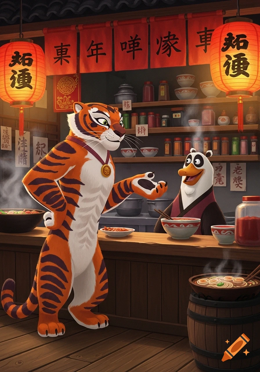 A cartoon tiger talks to a duck-like panda in an Asian-style noodle shop with red lanterns and banners.