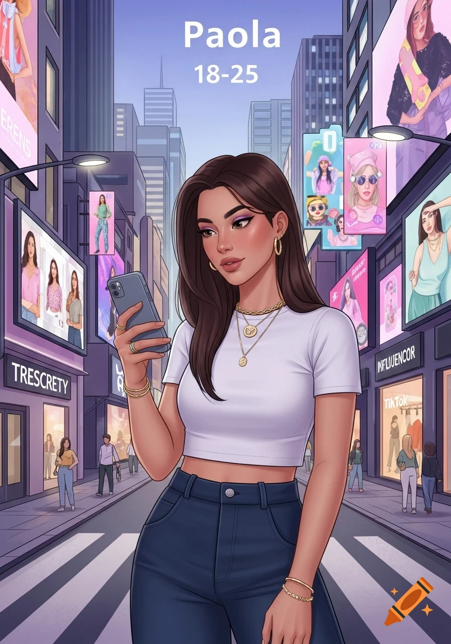 An illustrated woman with long brown hair, wearing a white crop top and blue jeans, looking at her phone on a city street with billboards.