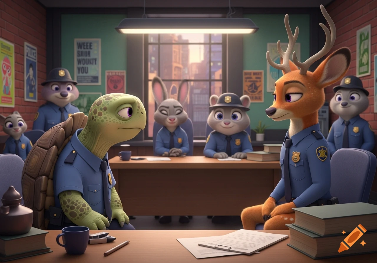 An animated turtle and deer in police uniforms sit opposite each other at a desk in a Zootopia-style police station, with other animal officers.