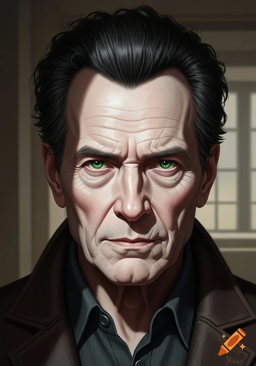 Close-up digital art portrait of an older man with pale skin, dark hair, and striking green eyes, wearing a dark shirt and jacket.