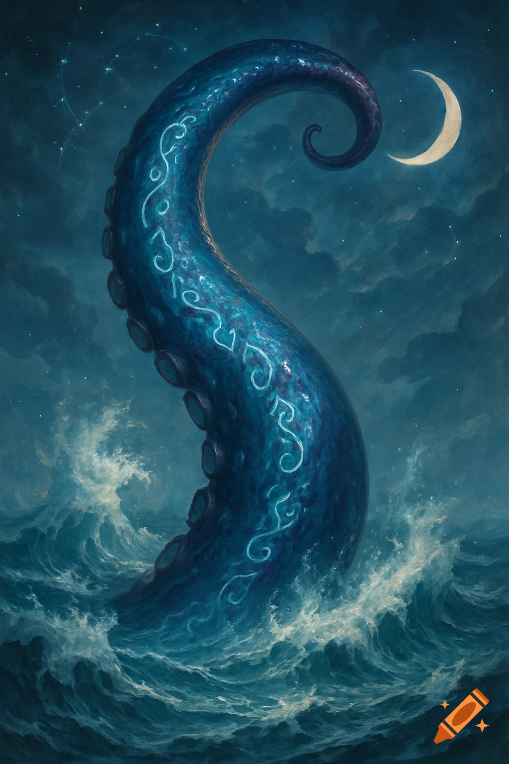 A majestic blue tentacle with glowing patterns rises from stormy ocean waves under a crescent moon and starry night sky.