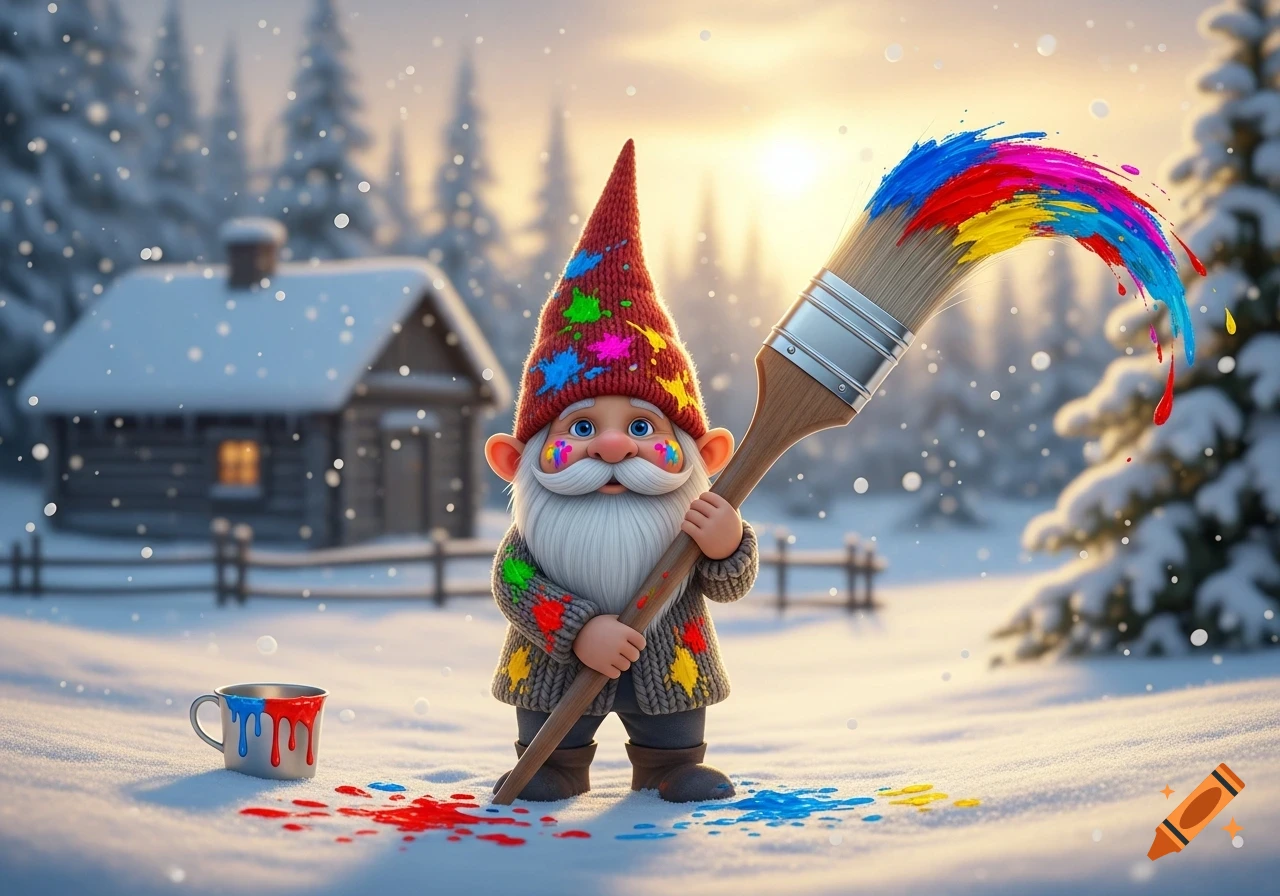 A cute gnome splattered with colorful paint holds an oversized paintbrush in a snowy winter landscape with a cabin and sunset.