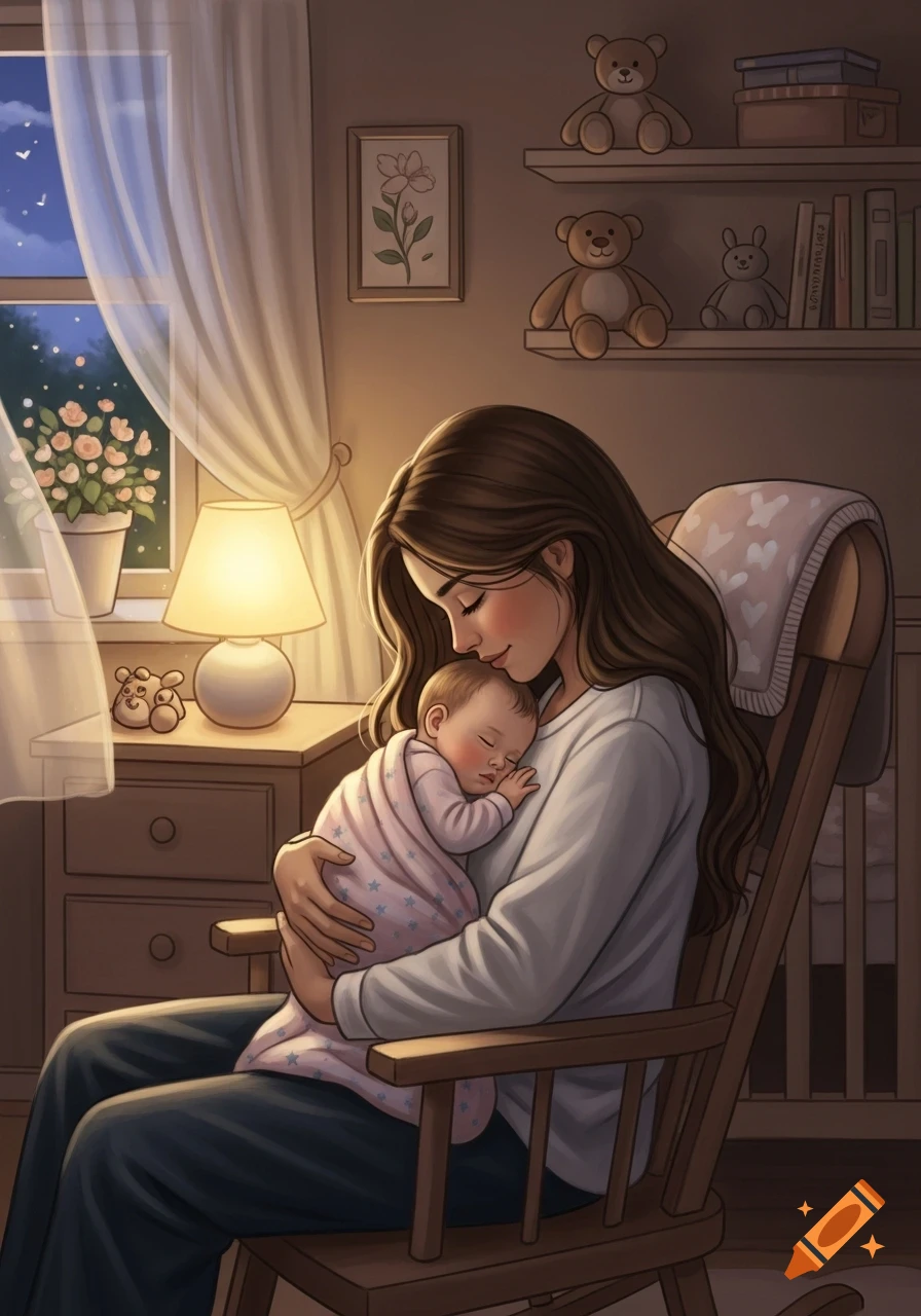 Illustration of a mother cradling her sleeping baby in a warm, dimly lit nursery with teddy bears on shelves.