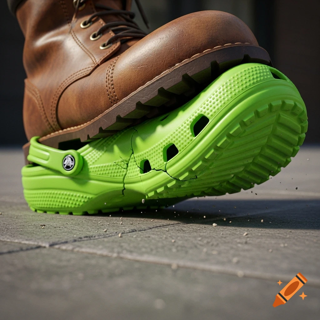 A brown work boot crushes a bright green Croc shoe, causing it to crack and deform on a paved surface. Photorealistic style.