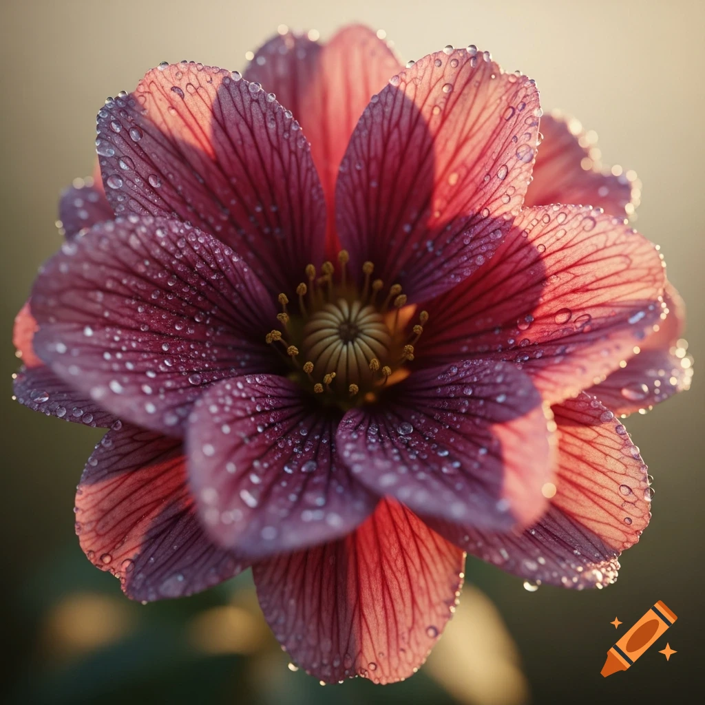Close-up macro shot of a vibrant deep pink flower covered in glistening water droplets, with soft backlighting.
