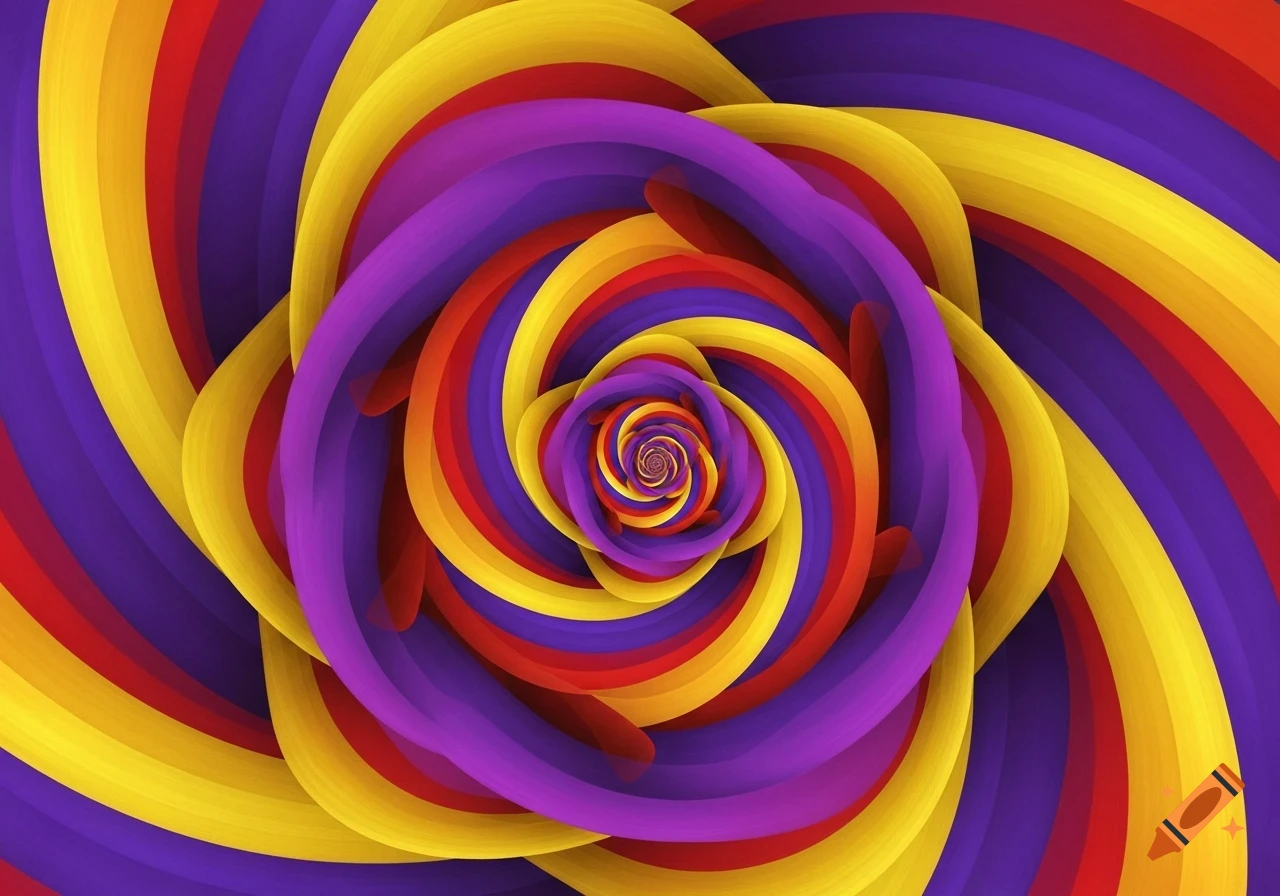 Vibrant abstract optical illusion with swirling red, yellow, and purple translucent ribbons converging to a central point.