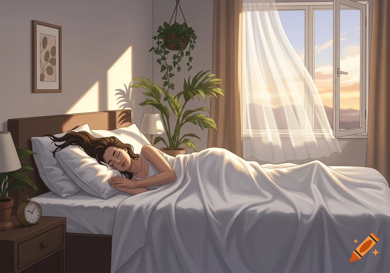 An illustrated woman sleeps peacefully in a sunlit bedroom with an open window, flowing curtains, and plants.