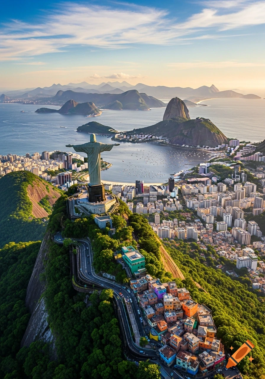 Aerial view of Rio de Janeiro at sunset, showing the Christ the Redeemer statue overlooking the city, mountains, and Guanabara Bay.