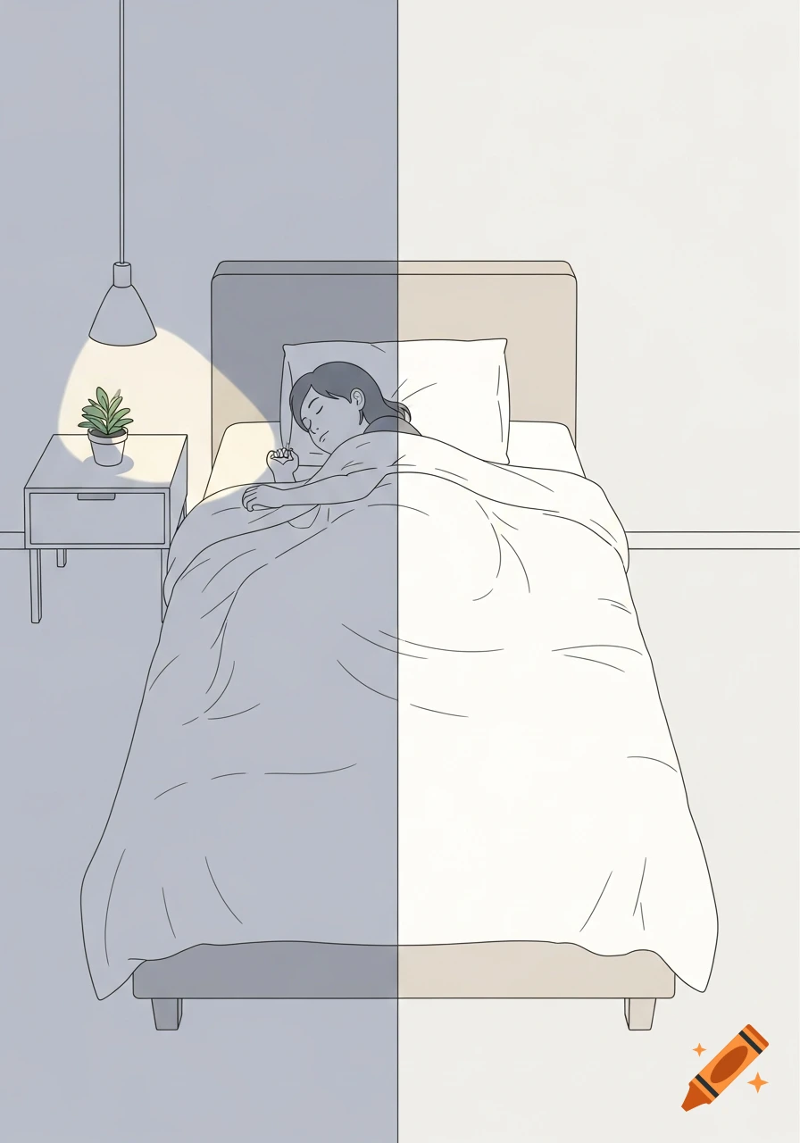 Minimalist illustration of a person sleeping in a bed, with a light shining on a nightstand with a plant.