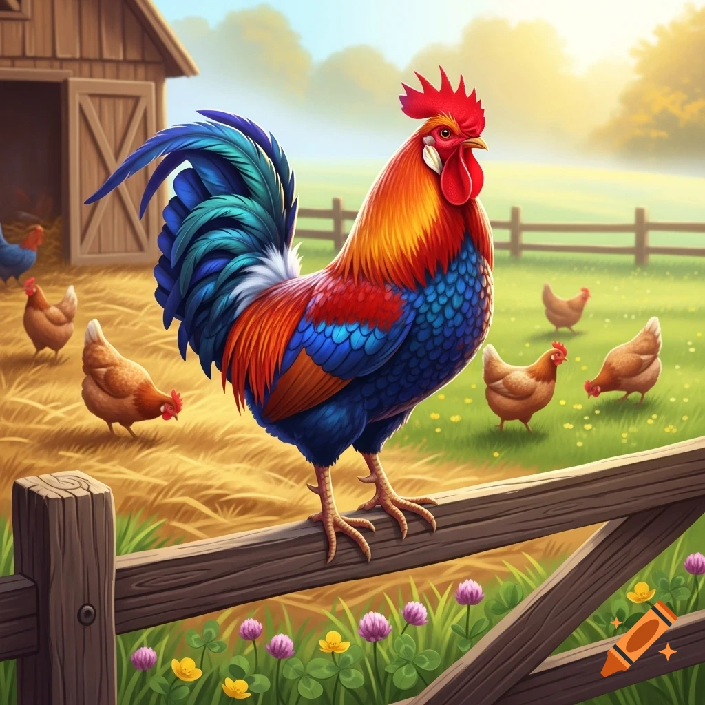A vibrant rooster perches on a wooden fence post, overlooking hens in a sunny farmyard with a barn and green fields.