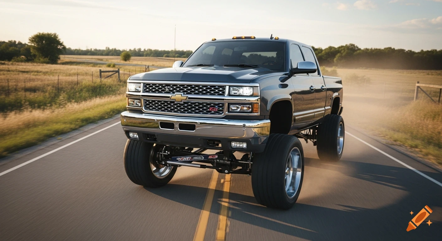 A black lifted Chevrolet pickup truck drives down a rural road surrounded by fields during golden hour, kicked up dust visible.