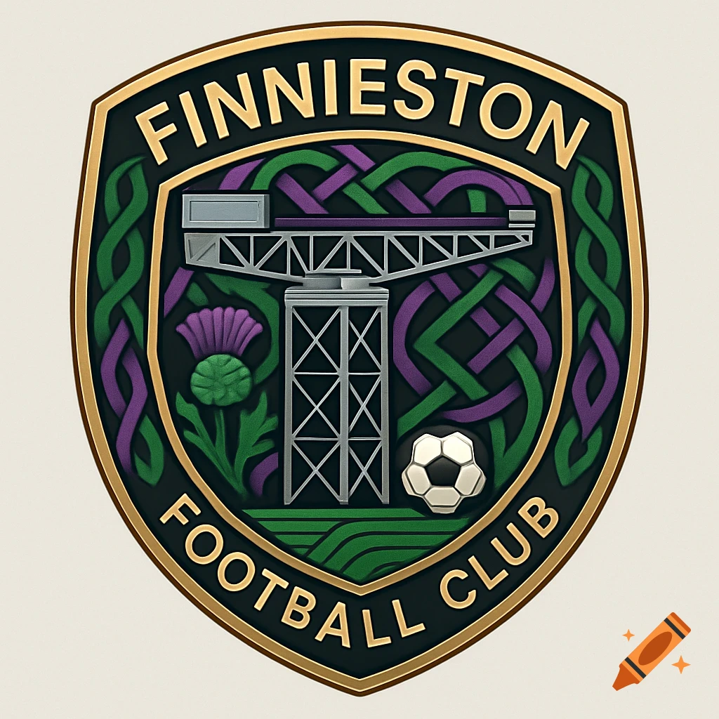 A gold-rimmed football club badge for 'Finnieston Football Club' featuring a grey crane, a purple thistle, a black and white football, and green and purple Celtic knotwork on a dark background.