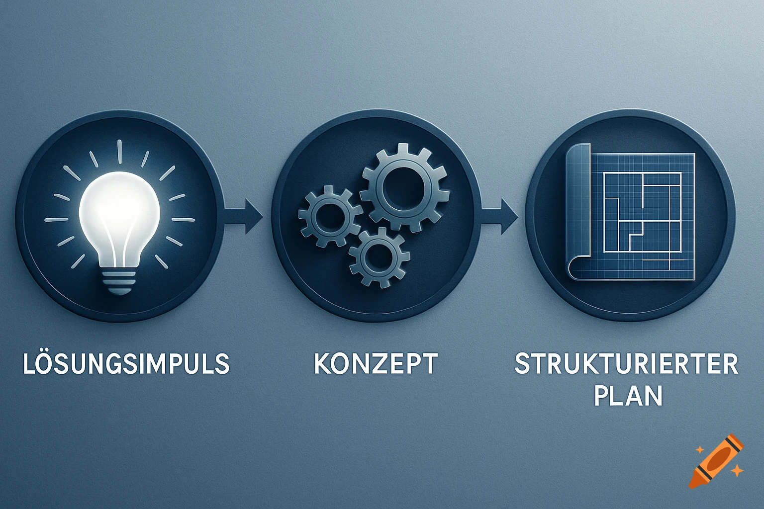 A three-step infographic on a blue background, showing a lightbulb icon, three gears icon, and a blueprint icon, with the German labels "LÖSUNGSIMPULS", "KONZEPT", and "STRUKTURIERTER PLAN" below them.