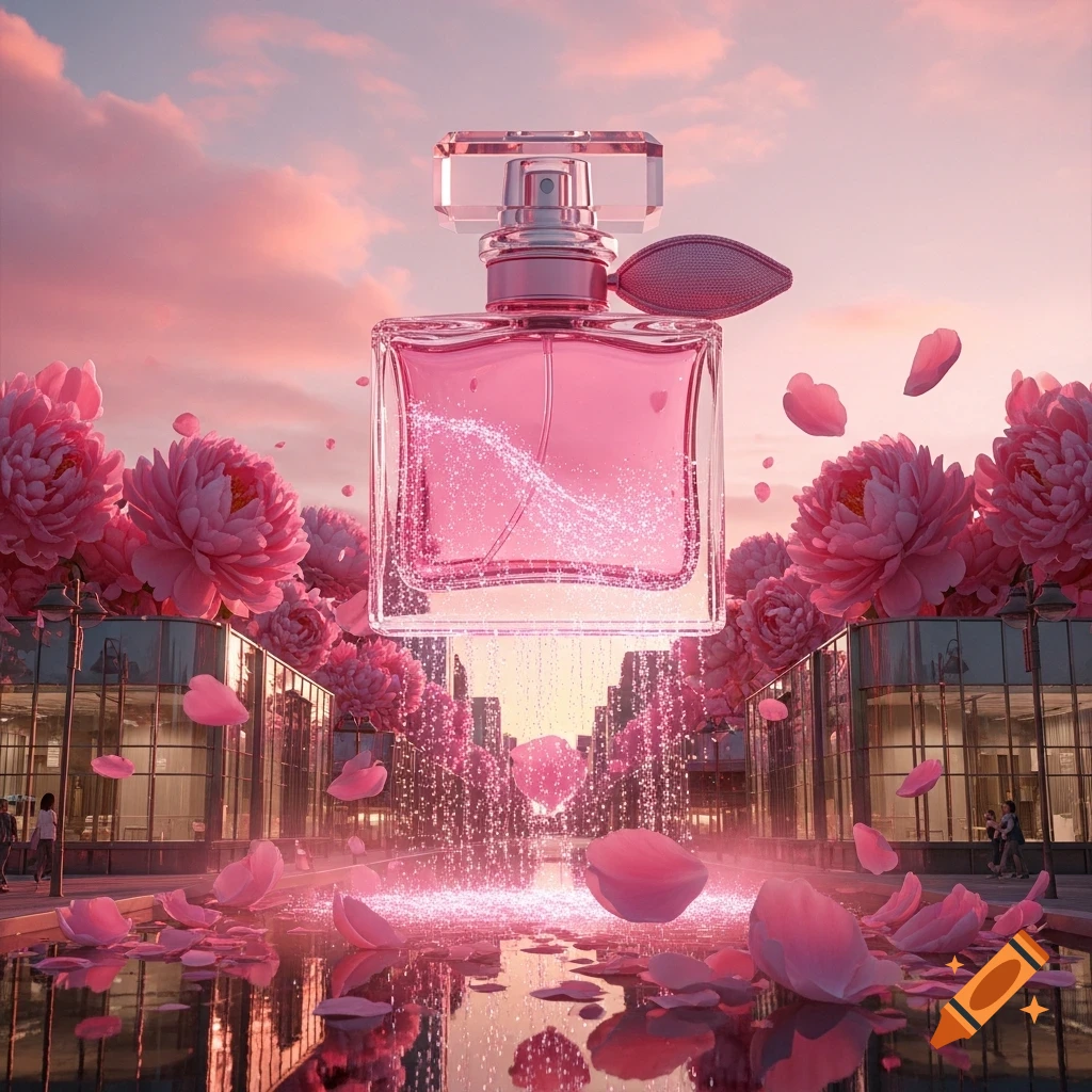 Giant pink perfume bottle floating above a city street at sunset, overflowing with sparkling liquid, surrounded by blooming peonies and falling petals, reflected in water. Dreamy, surreal style.