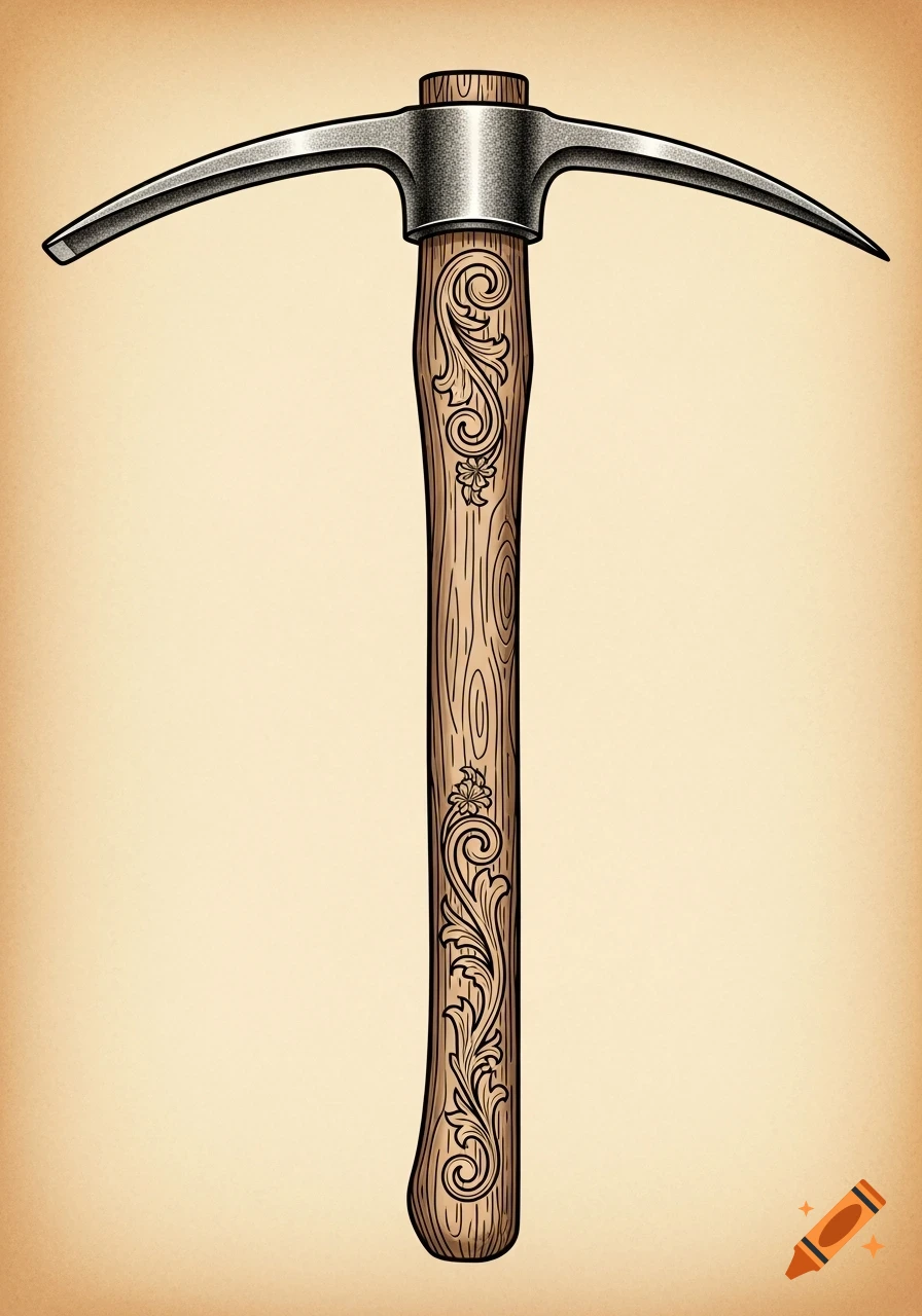 Vintage drawing of a pickaxe with ornate carvings on its wooden handle, against a beige background.