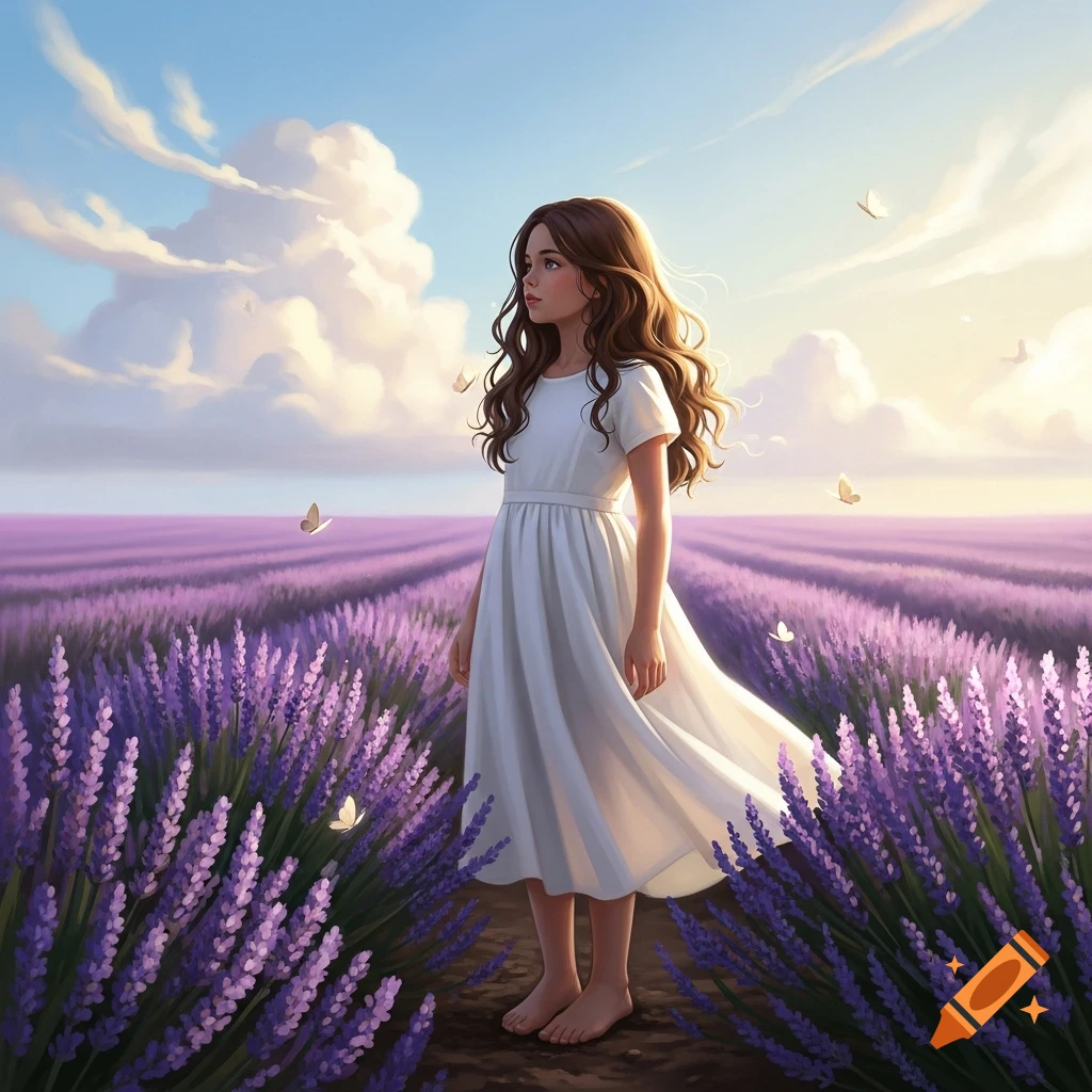A young girl with long brown hair stands barefoot in a vast lavender ...