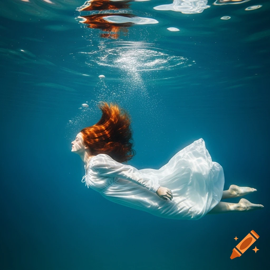 A ginger woman in a white nightgown floats gracefully underwater, her red hair fanning out, with bubbles rising and light dappling the surface.