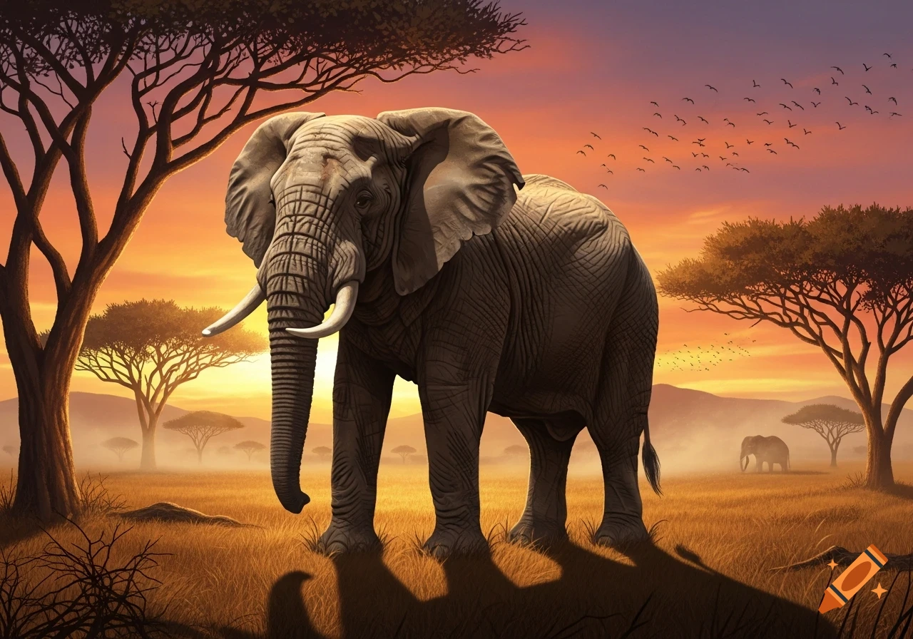 A large elephant stands in golden savanna grass, with silhouetted acacia trees and birds against a vibrant orange and purple sunset.