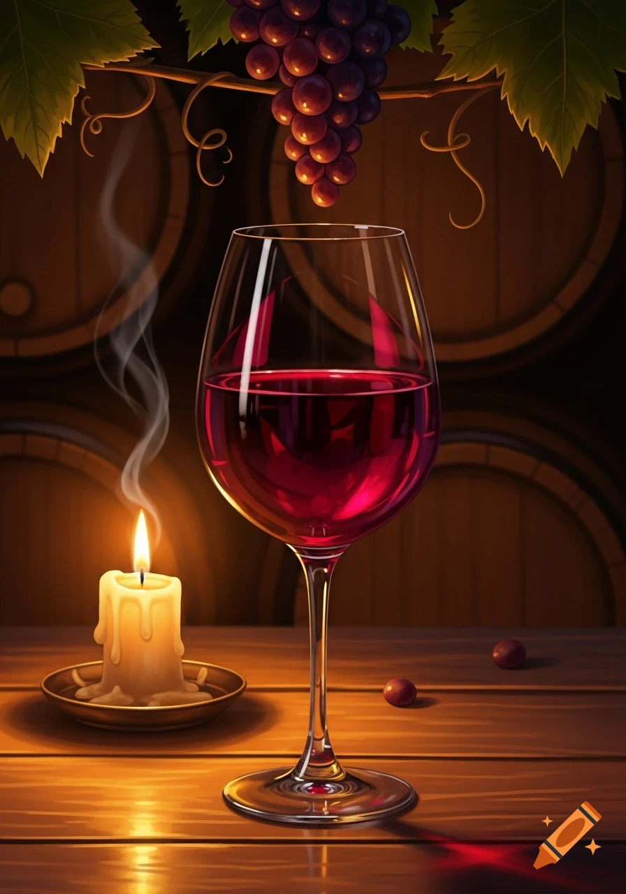 A glass of red wine, a lit candle, and a bunch of grapes on a wooden table with wine barrels in the background.