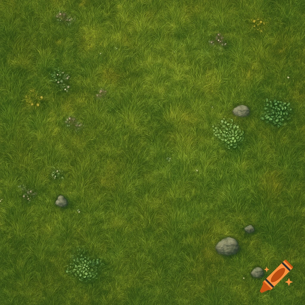 Top-down 2D texture of green grass with scattered rocks and small bushes.